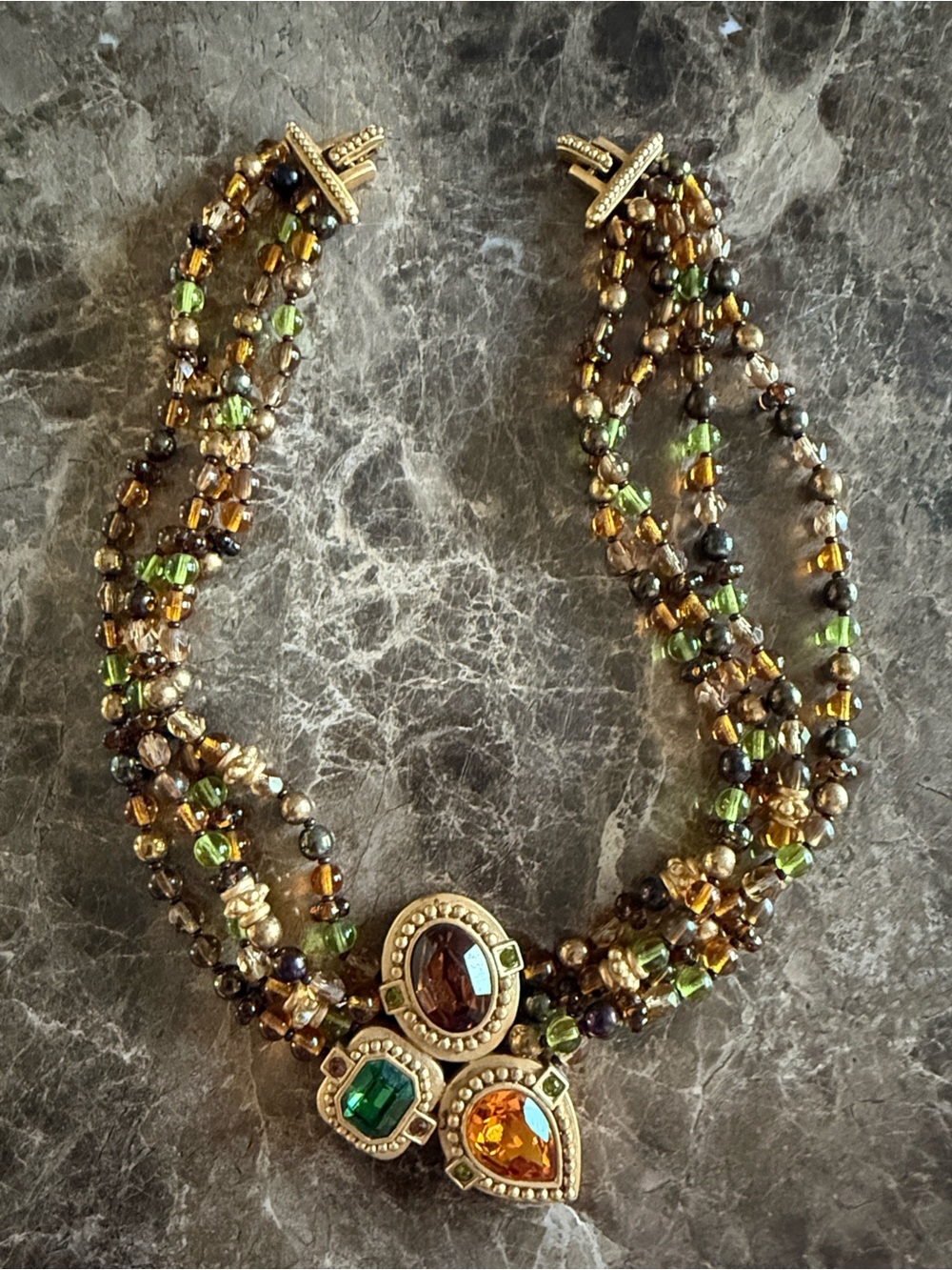 Oscar de la Renta Vintage Rhinestone MultiStrand Green Amber Crystal Necklace